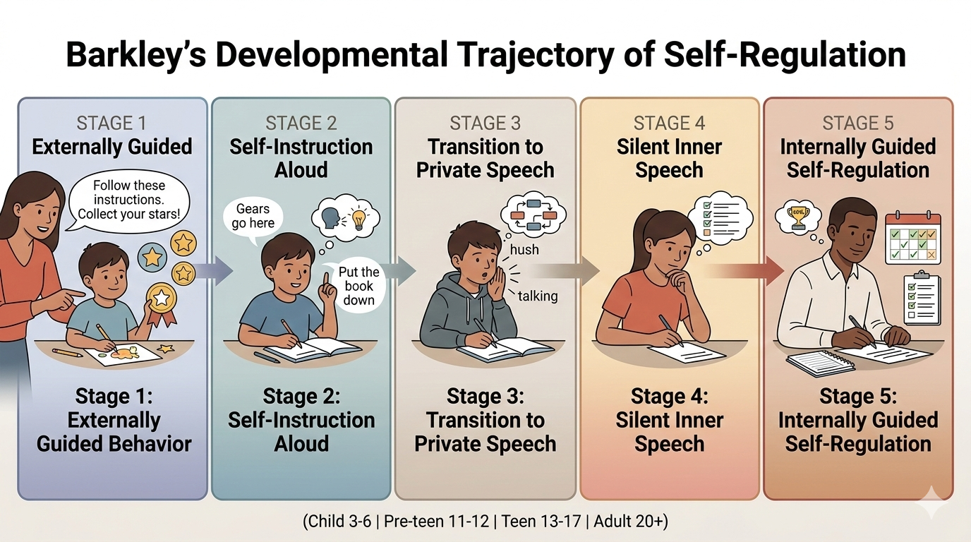 Barkley's developmental trajectory of self-regulation from public behavior to private internalization over time