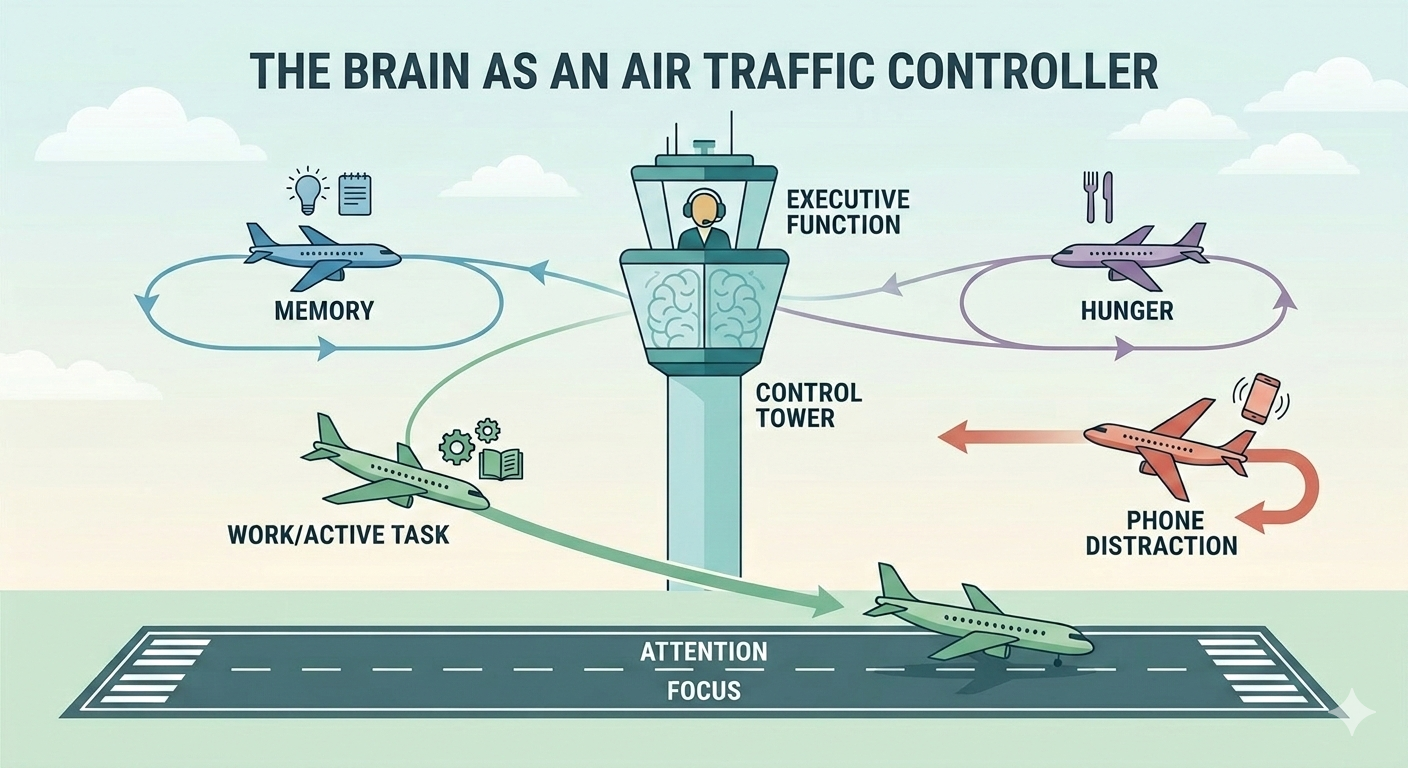 Air traffic control metaphor illustrating the prefrontal cortex managing competing cognitive demands