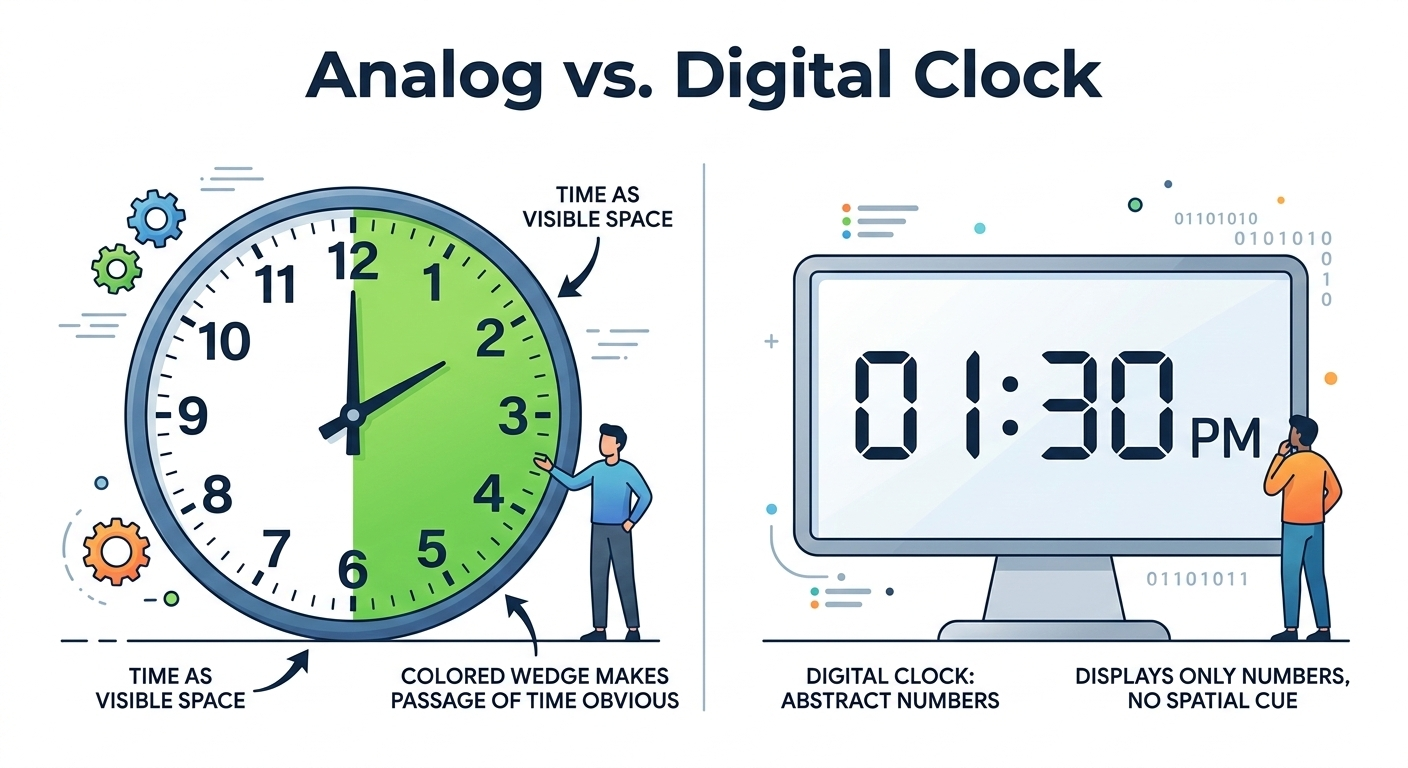 Analog versus digital clock comparison showing how analog clocks make time physically visible as a shrinking arc