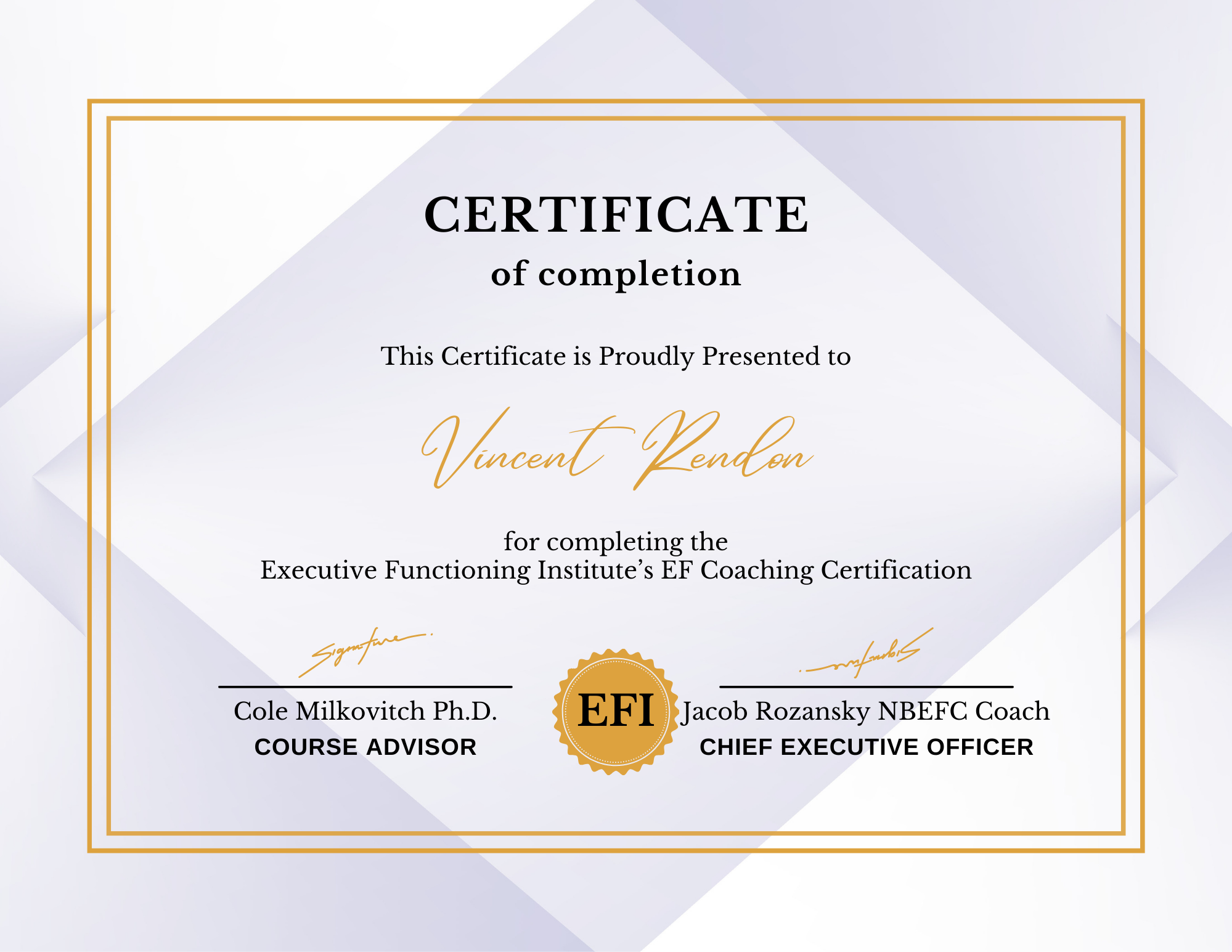 EFI certification certificate in white and gold design awarded upon completion of the six-module program