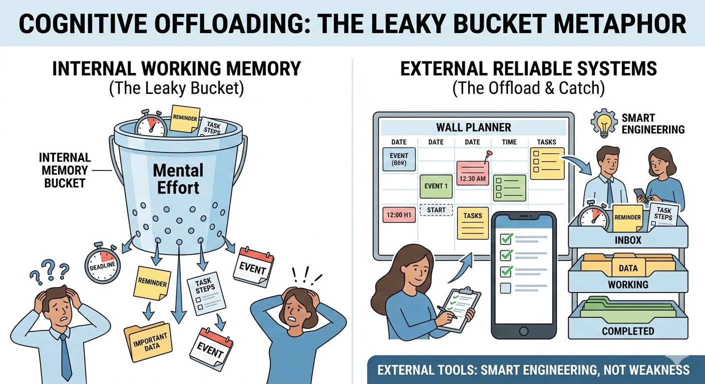 Leaky bucket metaphor illustrating how working memory loses information before it can be acted upon